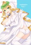  1girl :d ass bangs bare_shoulders blonde_hair blush breasts butt_crack cleavage commentary_request detached_sleeves eyebrows_visible_through_hair fate/extra fate/extra_ccc fate/grand_order fate_(series) gloves green_eyes hair_between_eyes juliet_sleeves large_breasts laurel_crown leaning_forward lock long_sleeves looking_at_viewer looking_to_the_side nero_claudius_(bride)_(fate) nero_claudius_(fate)_(all) open_mouth padlock panties puffy_sleeves smile solo thigh-highs underwear upper_teeth veil white_gloves white_legwear white_panties yuzu-aki zipper_pull_tab 
