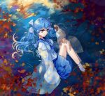  1girl artist_name autumn_leaves blue_eyes blue_hair blue_neckwear blue_skirt bow closed_mouth dated eyebrows_visible_through_hair hair_bow leaf ling_mou looking_away maple_leaf neckerchief original school_uniform skirt sleeves_past_wrists socks solo twintails white_legwear 