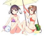  2girls ass azur_lane ball bangs bare_arms bare_shoulders barefoot beach_umbrella beachball bikini blush breasts brown_hair butt_crack cleavage closed_mouth collarbone eyebrows_visible_through_hair food fruit hairpods halter_top halterneck head_tilt long_hair looking_at_viewer medium_breasts meng_ge_3_(565571710) multiple_girls ning_hai_(azur_lane) ping_hai_(azur_lane) purple_bikini red_bikini red_eyes simple_background sitting small_breasts swimsuit thighs transparent twintails umbrella v-shaped_eyebrows very_long_hair violet_eyes visor_cap watermelon white_background yellow_umbrella 
