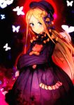  1girl abigail_williams_(fate/grand_order) bangs black_dress black_hat blonde_hair blush bow bug butterfly dress fate/grand_order fate_(series) green_eyes hair_bow hat insect long_hair looking_at_viewer nanasumin object_hug orange_bow parted_bangs purple_bow sleeves_past_fingers sleeves_past_wrists solo stuffed_animal stuffed_toy teddy_bear very_long_hair 