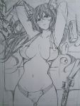  1girl animal_ears armpits arms_behind_head arms_up bikini blush breasts erune granblue_fantasy highres ilsa kojima_takeshi large_breasts long_hair monochrome navel parted_lips sketch solo sweat swimsuit 