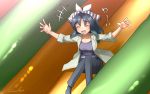  +++ 1girl :d ^_^ black_pants blue_hair closed_eyes commentary_request eyebrows_visible_through_hair hair_ribbon hands_up kako_(kemono_friends) kemono_friends labcoat long_hair open_mouth pants ribbon signature slide smile solo welt_(kinsei_koutenkyoku) white_ribbon 