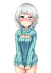  1girl :o alternate_costume bang_dream! blue_eyes blush braid breasts cleavage clothes_tug cowboy_shot highres long_sleeves looking_at_viewer medium_breasts meme_attire no_pants open-chest_sweater otearaisu ribbed_sweater short_hair silver_hair simple_background solo sweater sweater_tug turtleneck turtleneck_sweater twin_braids wakamiya_eve white_background 