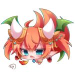  1girl ahoge all_fours bangs blue_eyes blush breathing_fire brown_hair chestnut_mouth chibi commentary_request dragon_girl dragon_horns earrings eyebrows_visible_through_hair fang fire green_wings hair_between_eyes hair_ornament horns jewelry looking_at_viewer muuran open_mouth pointy_ears shironeko_project signature simple_background solo tetra_(shironeko_project) twintails white_background wings 