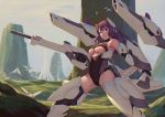 1girl alice_gear_aegis armor bare_shoulders bigrbear bird boots breasts cannon closed_mouth clouds cloudy_sky day dove flock headgear highres large_breasts legs_apart leotard long_hair looking_at_viewer mecha_musume nikotama_mai outdoors purple_hair revision science_fiction sky smile solo space_craft standing under_boob violet_eyes 