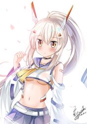  1girl :o ayanami_(azur_lane) azur_lane bangs breasts brown_eyes commentary_request detached_sleeves eyebrows_visible_through_hair hair_between_eyes hair_ornament hairclip headgear highres holding long_hair looking_at_viewer medium_breasts navel parted_lips petals ponytail quin_(himegata_alice) remodel_(azur_lane) silver_hair simple_background solo under_boob white_background 