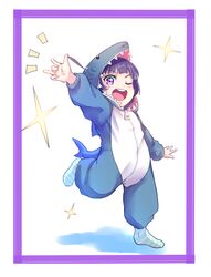  1girl blue_hair border cosplay kanabun kigurumi love_live! love_live!_sunshine!! one_eye_closed open_mouth shark_costume solo standing standing_on_one_leg tsushima_yoshiko violet_eyes younger 