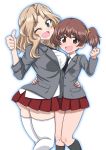  2girls ;d absurdres alisa_(girls_und_panzer) arched_back arm_around_waist ass bangs black_legwear black_neckwear blazer blonde_hair blouse blue_eyes breasts brown_eyes brown_hair clenched_hand commentary dress_shirt emblem eyebrows_visible_through_hair flat_chest freckles girls_und_panzer grey_jacket hair_intakes hair_ornament head_tilt highres jacket kay_(girls_und_panzer) kentarou_(ken-chan_no_tokoro) kneehighs large_breasts long_hair long_sleeves looking_at_viewer microskirt miniskirt multiple_girls mutual_hug necktie one_eye_closed open_clothes open_jacket open_mouth pleated_skirt red_skirt saunders_(emblem) saunders_school_uniform school_uniform shirt short_hair short_twintails simple_background skirt sleeves_rolled_up smile standing star star_hair_ornament thigh-highs thumbs_up twintails v-shaped_eyebrows white_background white_blouse white_legwear white_shirt zettai_ryouiki 