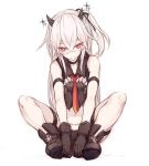 1girl ankle_boots artist_name boots choker destroyer_water_oni goekawa hands_on_own_feet horns kantai_collection pale_skin red_eyes shinkaisei-kan sitting solo white_hair 