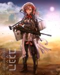  1girl ammunition_belt arm_strap armor bangs belt black_footwear black_legwear black_shirt boots bow braid breasts buckle building bullet closed_mouth clouds collared_shirt cross-laced_footwear dust dust_particles exoskeleton eyebrows_visible_through_hair floating_hair full_body girls_frontline gloves gun hair_between_eyes hair_bow hair_ornament hair_ribbon hairclip handgun hat headset hexagram highres holding holding_gun holding_weapon imi_negev jacket knee_pads knife knife_holster lace-up_boots light_machine_gun long_hair looking_at_viewer machine_gun magazine_(weapon) medium_breasts military military_uniform negev_(girls_frontline) pink_hair pistol red_bow red_eyes ribbon sand shell_casing shirt side_braid skindenation skirt sleeves_rolled_up solo standing star_of_david strap sun tactical_clothes testame thigh-highs thigh_strap uniform weapon weapon_case wind wind_lift 