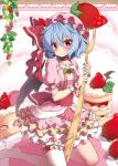  1girl beni_kurage blue_hair blush cake choker collarbone commentary_request dress eyebrows_visible_through_hair fang fang_out food fork frilled_dress frills fruit hair_between_eyes hat hat_ribbon highres holding holding_fork kneeling leaf leg_garter looking_at_viewer macaron mob_cap nail_polish no_shoes petticoat pink_dress pink_hat pink_nails puffy_short_sleeves puffy_sleeves red_choker red_eyes red_ribbon red_sash remilia_scarlet ribbon short_hair short_sleeves single_thighhigh smile solo strawberry thigh-highs touhou white_legwear wrist wrist_cuffs 