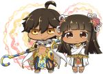 1boy 1girl ahoge bangs black_gloves black_pants blunt_bangs bracelet brown_eyes brown_hair cape closed_mouth dark_skin dark_skinned_male dress earrings egyptian egyptian_clothes eyebrows eyebrows_visible_through_hair fate/prototype fate/prototype:_fragments_of_blue_and_silver fate_(series) flower gem gloves hair_flower hair_ornament holding holding_staff jewelry legs_apart long_hair midriff navel nefertiti_(fate/prototype_fragments) orange_eyes outstretched_arm ozymandias_(fate) pants pink_flower sandals short_hair smile solo_focus staff standing stomach straight_hair tsukko_(3ki2ne10) twitter_username v-shaped_eyebrows v_arms white_cape white_dress 