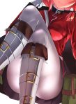  1girl between_legs black_ribbon black_skirt boots breasts buckle closed_mouth convenient_leg cosplay eyepatch fate/grand_order fate_(series) feet_out_of_frame florence_nightingale_(fate/grand_order) florence_nightingale_(fate/grand_order)_(cosplay) fur-trimmed_boots fur_trim gloves hair_ribbon hair_twirling head_out_of_frame knee_boots legs_crossed lips long_sleeves love_live! love_live!_school_idol_project medium_breasts medium_hair military military_uniform miniskirt nanasumin nishikino_maki pantyhose pouch redhead ribbon simple_background skirt smile solo uniform white_background white_footwear white_gloves white_legwear 