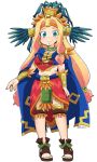 1girl arm_at_side aztec bead_necklace beads blonde_hair blue_cape bracer breasts brown_footwear cape chin_piercing earrings eyebrows eyebrows_visible_through_hair eyes_visible_through_hair fate/grand_order fate_(series) feathers fingernails full_body green_eyes green_nails hair_beads hair_intakes hair_ornament headband headdress jewelry large_breasts legs_apart loincloth long_hair low-tied_long_hair miniskirt nail_polish navel neck_ring necklace piercing poncho quetzalcoatl_(fate/grand_order) red_skirt sandals simple_background skirt solo standing stomach toenail_polish toenails tsukko_(3ki2ne10) very_long_hair white_background 