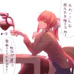  1girl absurdres artist_name blue_skirt bow brown_hair chair check_translation coffee coffee_mug coffee_pot cup doki_doki_literature_club elbows_on_table green_eyes highres long_hair looking_at_another looking_to_the_side monika_(doki_doki_literature_club) mug open_mouth pin.s ponytail pouring saucer school_uniform sitting skirt smile speech_bubble table thigh-highs translation_request very_long_hair yuri 