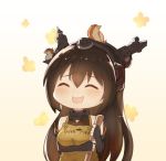  1girl animal animal_on_head apron arito_arayuru bare_shoulders bird bird_on_head black_gloves black_hair broom closed_eyes elbow_gloves fingerless_gloves gloves headgear kantai_collection long_hair nagato_(kantai_collection) on_head open_mouth puka_puka smile solo squirrel yellow_apron 