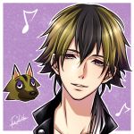  1boy animal_ears black_hair blonde_hair brown_eyes doubutsu_no_mori male_focus multicolored_hair musical_note personification portrait ricardo_(doubutsu_no_mori) solo teeth two-tone_hair wolf wolf_ears 