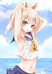  1girl adjusting_hair armpits ayanami_(azur_lane) azur_lane beach blue_sky brown_eyes commentary_request gelulu horizon long_hair looking_at_viewer mouth_hold navel ocean pleated_skirt ponytail school_uniform serafuku silver_hair skirt sky solo 