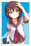  1girl bag blue_background brown_eyes brown_hair funami_yui hand_in_hair handbag highres looking_at_viewer namori nanamori_school_uniform school_uniform serafuku short_hair simple_background solo sweat sweatdrop yuru_yuri 