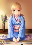  ahoge artoria_pendragon_(all) excalibur flower green_eyes imono indoors kashi_kosugi looking_at_viewer neeling obi saber sash smile sword weapon wide_sleeves 