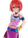  1girl armband bangs bare_shoulders belt blue_belt closed_mouth collarbone eyebrows_visible_through_hair hair_between_eyes highres jewelry kairi_(kingdom_hearts) kingdom_hearts kingdom_hearts_i motu0505 navel necklace pink_skirt redhead shirt short_hair shorts shorts_under_skirt simple_background skirt smile solo tank_top white_background white_shirt wristband 