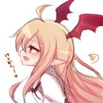  1girl ahoge bangs bat_wings blonde_hair blush commentary_request eyebrows_visible_through_hair fang granblue_fantasy hair_between_eyes head_wings long_hair muuran open_mouth pointy_ears profile red_eyes red_wings shingeki_no_bahamut shirt sideways_mouth signature simple_background sketch solo translation_request vampy very_long_hair white_background white_shirt wings 