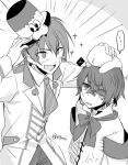  ... 2boys armband arsloid bandage_on_face color_connection fukase greyscale hair_over_one_eye hat head_flag male_focus mizuhoshi_taichi monochrome multiple_boys point_(vocaloid) smile sparkle spoken_ellipsis top_hat vocaloid 