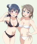  2girls aqua_background bangs bikini black_bikini blue_eyes blue_hair blush breasts cleavage commentary_request cowboy_shot flower grey_hair hair_flower hair_ornament hand_on_hip long_hair looking_at_viewer love_live! love_live!_sunshine!! medium_breasts midriff multiple_girls navel short_hair side-tie_bikini side_bun simple_background sweatdrop swimsuit tsushima_yoshiko turkey_min v_over_eye violet_eyes watanabe_you white_bikini 