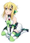  1girl akatsuki_kirika bare_shoulders blonde_hair blush breasts collarbone commentary_request covered_navel elbow_gloves eyebrows_visible_through_hair full_body gloves green_eyes hair_between_eyes hair_ornament high_heels looking_at_viewer medium_breasts open_mouth senki_zesshou_symphogear shiny shiny_hair shiny_skin short_hair simple_background sitting skirt solo striped striped_legwear tsukamoto_kensuke wariza white_background white_gloves white_skirt x_hair_ornament 