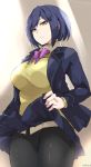  1girl black_legwear blazer blue_hair bow bowtie breasts cafekun jacket large_breasts long_sleeves looking_at_viewer nijisanji panties panties_under_pantyhose pantyhose purple_bow shizuka_rin short_hair skirt skirt_lift solo sweater underwear virtual_youtuber yellow_eyes 