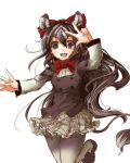  1girl bow bowtie brown_hair buttons commentary_request cowboy_shot eyebrows_visible_through_hair frilled_skirt frills hair_bow kemono_friends long_hair long_sleeves motocompoooo multicolored_hair pantyhose plaid plaid_skirt pleated_skirt quagga_(kemono_friends) quagga_ears quagga_tail skirt solo standing standing_on_one_leg white_hair 