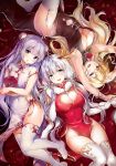  3girls :d :o ahoge armpits arms_up azur_lane bangs black_dress blonde_hair blue_eyes blush breasts bun_cover chestnut_mouth china_dress chinese_clothes chiyingzai cleavage cleavage_cutout commentary_request covered_navel double_bun dress elbow_gloves eyebrows_visible_through_hair fang flower fur_trim garter_straps gloves hair_ornament hair_ribbon heart-shaped_box highres illustrious_(azur_lane) large_breasts long_hair looking_at_viewer low_twintails multiple_girls navel navel_cutout no_panties no_shoes open_mouth purple_hair purple_ribbon red_dress revision ribbon rose side_bun small_breasts smile thigh-highs twintails unicorn_(azur_lane) very_long_hair victorious_(azur_lane) violet_eyes white_dress white_gloves white_hair white_legwear white_ribbon wrist_ribbon 