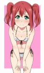  1girl aqua_eyes bangs bikini blush breasts collarbone commentary_request embarrassed frilled_bikini frills front-tie_bikini front-tie_top hands_on_own_thighs kurosawa_ruby leaning_forward looking_at_viewer love_live! love_live!_sunshine!! navel redhead side-tie_bikini small_breasts solo swimsuit turkey_min two_side_up white_bikini 