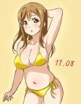  1girl :o arm_behind_head arm_up armpits bangs bikini blush breasts brown_eyes brown_hair cleavage collarbone commentary_request cowboy_shot dated hair_ornament hairpin kunikida_hanamaru large_breasts long_hair love_live! love_live!_sunshine!! midriff navel side-tie_bikini solo swimsuit turkey_min yellow_background yellow_bikini 