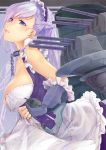  1girl apron azur_lane bangs belfast_(azur_lane) blue_eyes blush braid breasts cannon chains cleavage closed_mouth collar collarbone dress dress_lift eyebrows_visible_through_hair fingerless_gloves french_braid frilled_gloves frills from_side gauntlets gloves head_tilt highres large_breasts long_hair looking_at_viewer machinery maid maid_headdress pekoni_(peconi) rigging signature silver_hair smile solo turrets upper_body white_gloves 