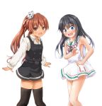  2girls anchor asashio_(kantai_collection) bare_arms belt black_hair black_legwear blue_eyes blush brown_eyes brown_hair buttons comiching cosplay costume_switch dress embarrassed fang hair_ribbon highres kantai_collection libeccio_(kantai_collection) long_hair long_sleeves looking_at_viewer multiple_girls neck_ribbon open_mouth pinafore_dress pleated_skirt red_ribbon remodel_(kantai_collection) ribbon sailor_collar sailor_dress school_uniform shirt skirt sleeveless sleeveless_dress smile thigh-highs twintails white_background white_shirt 