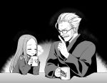  1boy 1girl abigail_williams_(fate/grand_order) bangs blush bow closed_eyes dress elbows_on_table facial_hair fate/grand_order fate_(series) fingernails glasses greyscale hair_strand hand_up hands_up holding_mug index_finger_raised james_moriarty_(fate/grand_order) long_hair long_sleeves looking_at_another makishima_azusa monochrome mustache parted_bangs parted_lips shirt smile 