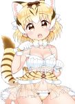  1girl animal_ears bare_shoulders blonde_hair bow bowtie bra breasts cat_ears cat_tail commentary_request extra_ears fangs highres kanjitomiko kemono_friends lingerie looking_at_viewer medium_breasts navel open_mouth orange_eyes panties paw_pose sand_cat_(kemono_friends) sand_cat_print see-through short_hair solo striped_tail tail underwear white_background white_bra 