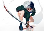  1girl artist_name bare_legs blood blood_on_face blue_eyes blue_footwear dated floating_hair gotoh510 green_jacket hair_ribbon hairband highres holding holding_sword holding_weapon jacket konpaku_youmu konpaku_youmu_(ghost) looking_at_viewer one_eye_closed open_mouth reflection ribbon shoes signature silver_hair simple_background solo sword touhou weapon white_background 