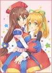  2girls arm_around_waist bangs beret blonde_hair blush border breasts brown_hair capcom dress green_eyes green_ribbon hair_between_eyes hair_ornament hair_ribbon hat hug iris_(rockman_x) large_breasts long_hair looking_at_viewer looking_to_the_side low-tied_long_hair multiple_girls open_mouth red_dress rento_(rukeai) ribbon rockman rockman_(classic) rockman_8 rockman_x roll sidelocks star tareme very_long_hair 