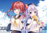  2girls ;d ahoge azur_lane bag blue_eyes blue_sky bread cellphone commentary_request eating food hair_bun hat holding long_hair looking_at_viewer melon_bread multiple_girls navel one_eye_closed one_side_up open_mouth phone purple_hair redhead san_diego_(azur_lane) school_bag school_hat school_uniform serafuku side_bun sky smartphone smile sousouman twintails unicorn_(azur_lane) violet_eyes 