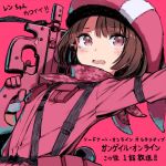  1girl ammunition_pouch brown_hair bullpup gloves gun hat holding holding_gun holding_weapon kuroboshi_kouhaku llenn_(sao) open_mouth p-chan_(p-90) p90 pink_bandana pink_clothes pink_eyes pink_gloves pink_hat pouch short_hair submachine_gun sword_art_online sword_art_online_alternative:_gun_gale_online tears weapon 