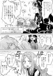  3girls bare_shoulders bow chacha_(fate/grand_order) closed_eyes comic fate/grand_order fate_(series) greyscale hair_bow hairband long_hair long_sleeves looking_at_another lying monochrome multiple_girls no_hat no_headwear oda_nobunaga_(fate) okita_souji_(fate) on_side open_mouth skull sweat translation_request unya 