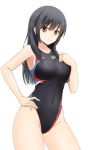  1girl arena_(company) black_hair black_swimsuit brown_eyes commentary_request competition_swimsuit contrapposto covered_navel cowboy_shot fuuma_nagi long_hair looking_at_viewer one-piece_swimsuit original simple_background solo swimsuit white_background 