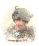  1boy bare_shoulders brown_hair collarbone eyebrows_visible_through_hair happy_birthday helmet made_in_abyss regu_(made_in_abyss) short_hair solo tsukushi_akihito upper_body yellow_eyes 