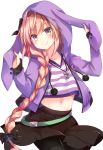  1boy animal_hood astolfo_(fate) bangs black_bow black_legwear black_skirt blush bow braid bunny_hood closed_mouth contrapposto cowboy_shot eyebrows_visible_through_hair fang fang_out fate/grand_order fate_(series) gomano_rio hair_bow hands_up head_tilt headgear highres hood hood_up hooded_jacket jacket jewelry long_hair long_sleeves looking_at_viewer male_focus multicolored_hair navel necklace pantyhose pendant pink_hair pom_pom_(clothes) purple_jacket shiny shiny_hair shirt simple_background single_braid skirt smile solo standing streaked_hair striped striped_shirt tareme trap v-neck very_long_hair violet_eyes white_background white_hair 