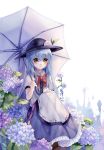  1girl artist_name blue_hair bow dated dress eyebrows_visible_through_hair feet_out_of_frame flower food frilled_skirt frills frown fruit hair_between_eyes hand_on_own_knee hat highres hinanawi_tenshi holding holding_umbrella hydrangea knees_up layered_dress leaf ling_mou long_hair looking_at_viewer peach puffy_short_sleeves puffy_sleeves red_bow red_eyes short_sleeves simple_background sitting skirt solo touhou umbrella wet wet_clothes wet_hair white_background 