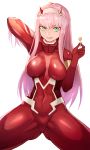  1girl :p bodysuit candy commentary covered_navel darling_in_the_franxx english_commentary eyeshadow food green_eyes hairband hand_behind_head hand_up highres horns impossible_bodysuit impossible_clothes lollipop long_hair looking_at_viewer makeup pink_hair red_bodysuit simple_background solo sookmo spread_legs tongue tongue_out white_background zero_two_(darling_in_the_franxx) 