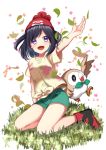  arm_up black_hair floral_print grass hat highres mizuki_(pokemon_sm) one_eye_closed pokemon rowlet short_hair shorts violet_eyes yuihiko 