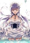  1girl apron azur_lane bangs belfast_(azur_lane) blue_eyes blush braid breasts chains cleavage collar collarbone dress dress_lift eyebrows_visible_through_hair floating_hair french_braid frilled_gloves frills gloves hair_between_eyes large_breasts light_particles long_hair looking_at_viewer maid maid_headdress open_mouth riichu sidelocks silver_hair smile solo sprkla standing_in_water thighs very_long_hair water_drop white_gloves white_legwear 